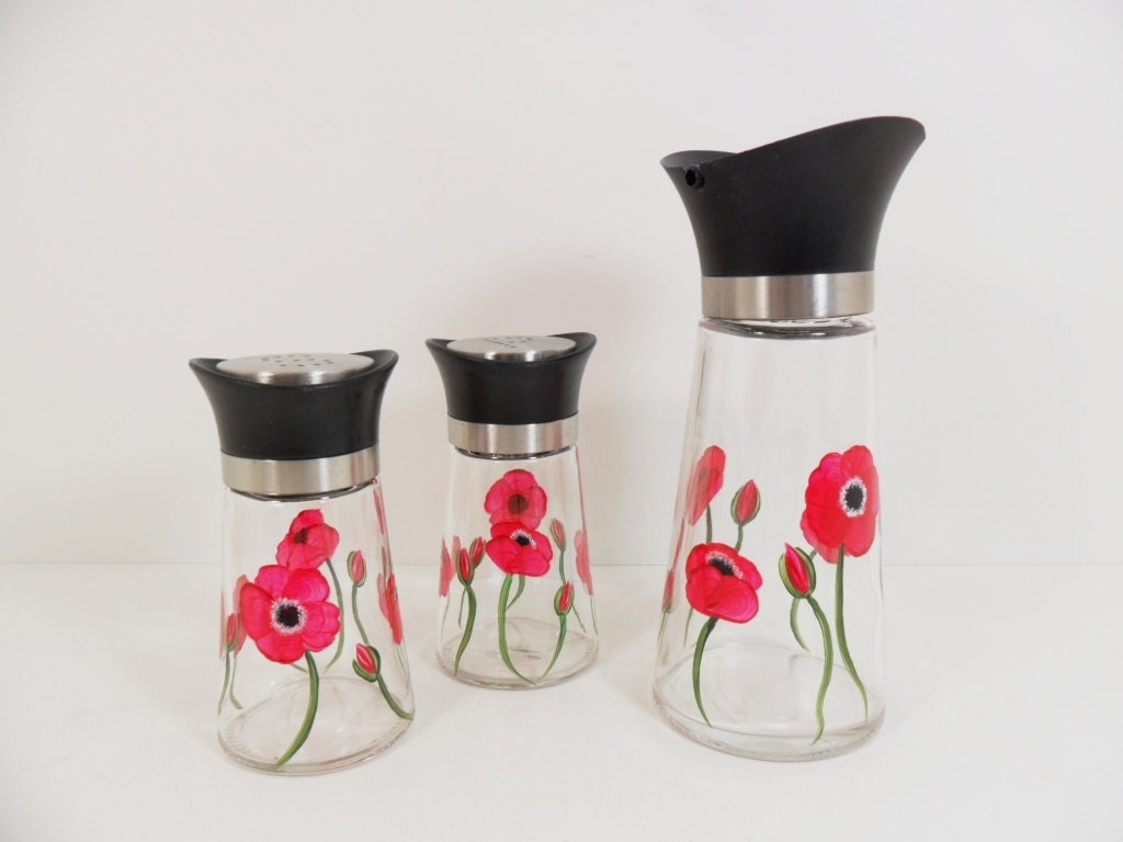 Oil Bottle Salt Pepper Shakers Red Poppy Hand Painted Set