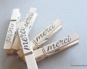 Merci French Script Stamped Clothespins Set of 5 -- your choice of color