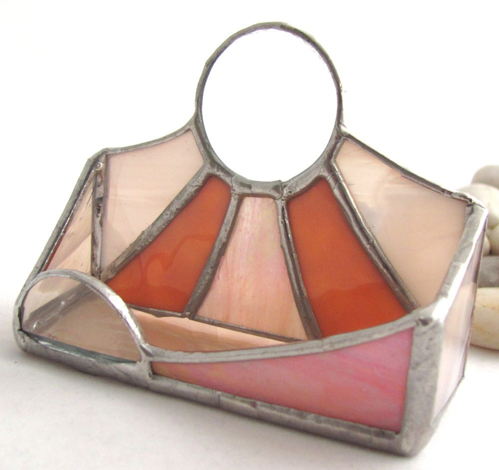 Peach Cantaloupe Pale Orange Hand Crafted Stained Glass Business Card Holder