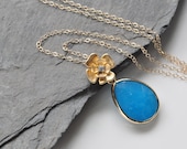 Sea Blue Jade Stone Pendant Necklace, Gold petal Flower and Turquoise Blue Teardrop Gold Necklace, Bridesmaid Necklace, Bridal Necklace gold