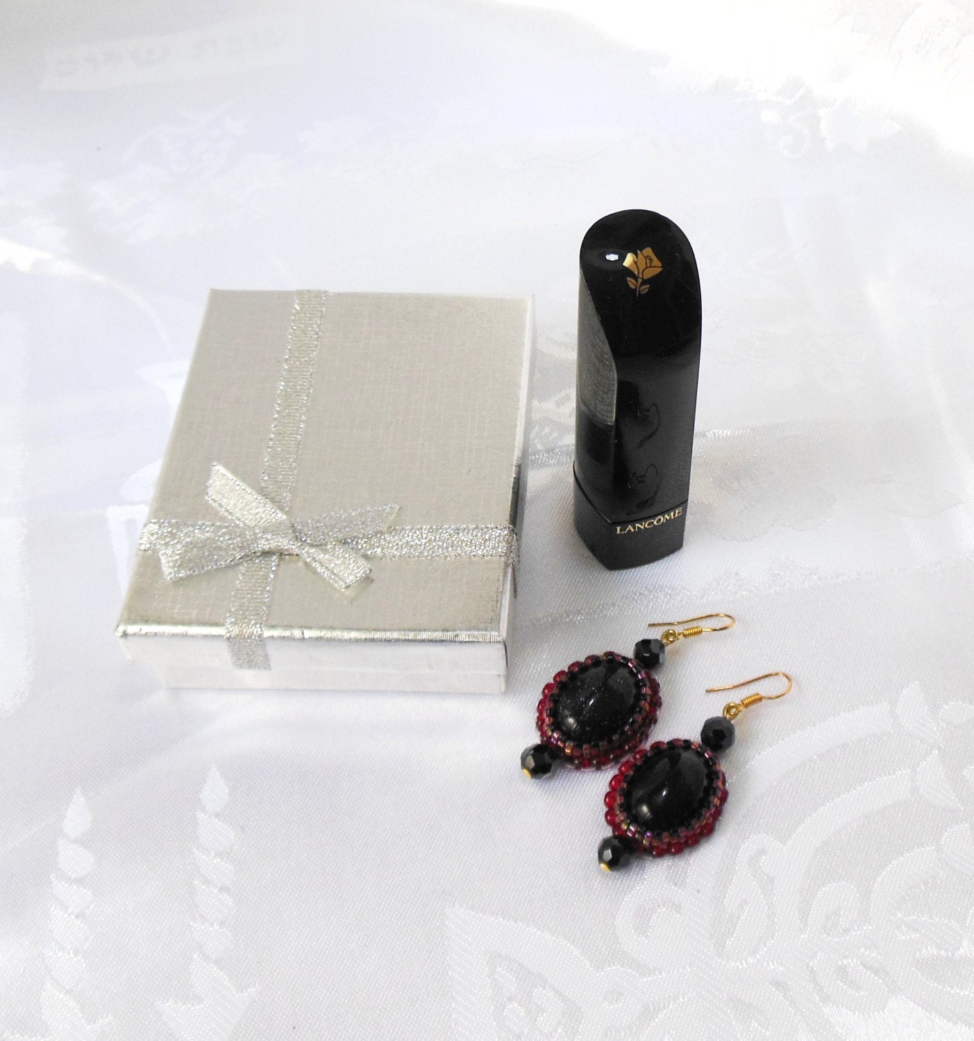 Embroidered beaded  black silver Earrings OOAK