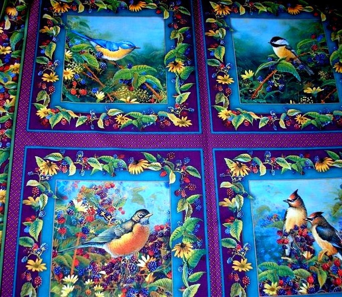 Quilt Fabric Panel Garden Wings Songbirds Cardinal Jays Robins Flowers Purple Fabric