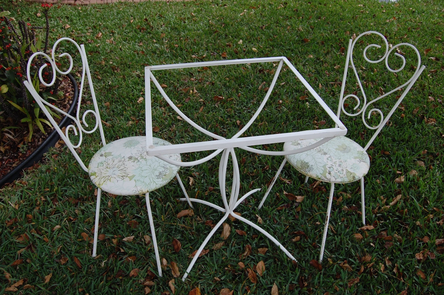 Vintage White Wrought Iron Garden Set Table with Two Chairs Shabby Chic Cottage Style at Retro Daisy Girl