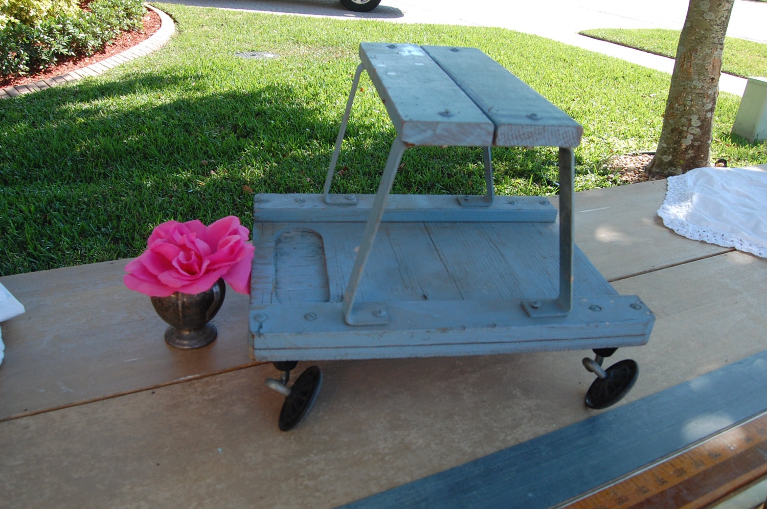 Vintage Blue Rolling Stool Chippy Blue Cottage Style at Retro Daisy Girl