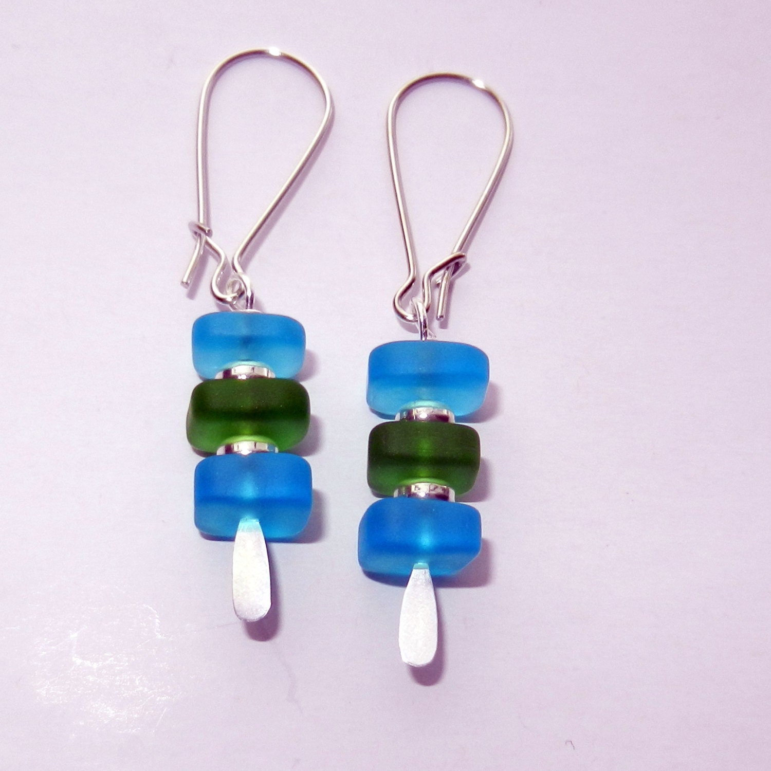 Blue and Green Sea Glass Dangle Earrings