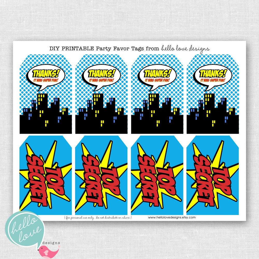 Superhero Printable Party Favor Tags by hello love designs
