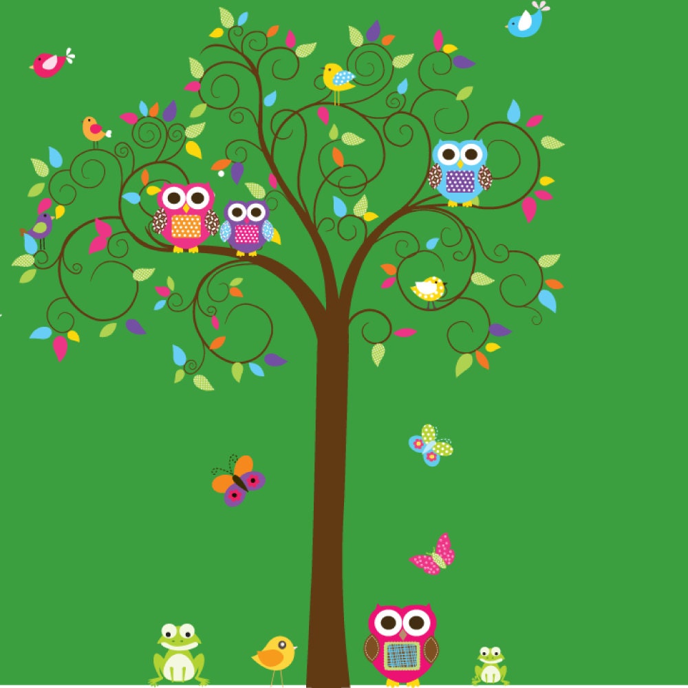 Swirl Tree Vinyl Wall Decal set with leaves,flowers birds,owls vinyl wall decal sticker nursery colorful