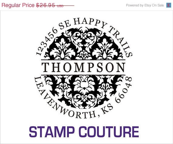 SALE Damask Family Name Round Address Rubber Stamp - Elegant scroll work - Clear Acrylic  Handle