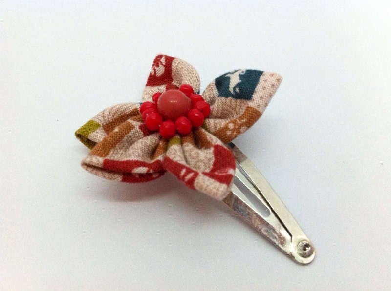 Fabric flower hairclip, Japanese Kanzashi, red and blue  checked print fabric, with butterflies, dragonflies, rabbits and owls, red beads