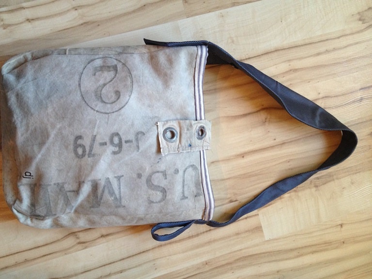 Recycled Vintage Canvas US Mail Sack with Upcycled Neck Tie Strap. Messenger Bag/Purse
