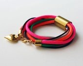 Cord Bracelet - Charm Bracelet - Gold Heart Charm Bracelet - Rope Bracelet - Neon Colors