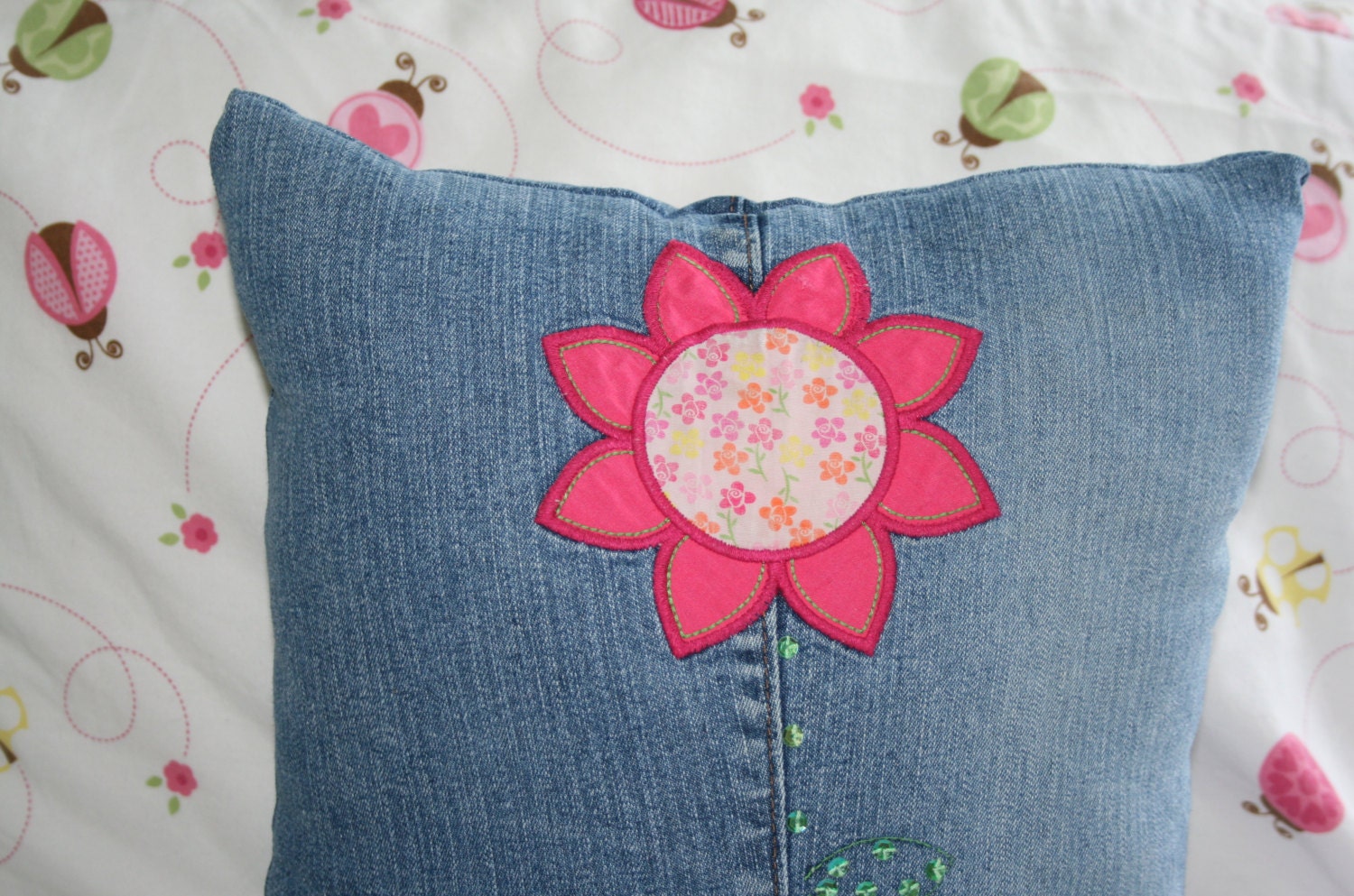 upcycled denim pillow, reclaimed denim pillow, girl's flower pillow, embroidered flower pillow, OOAK
