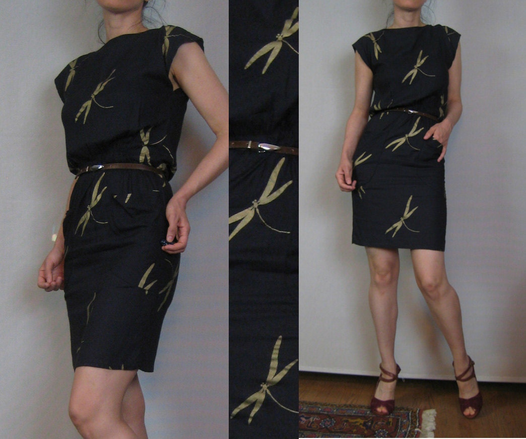 Vintage 80s DRAGONFLY NOVELTY WIGGLE Mini England Black & Metallic Gold Rayon Dress w/ Pockets xs Small 1980s