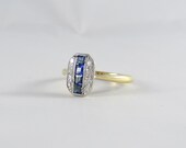Art Deco Sapphire and Diamond Engagement Ring. 1920s Rectangle Panel Ring.