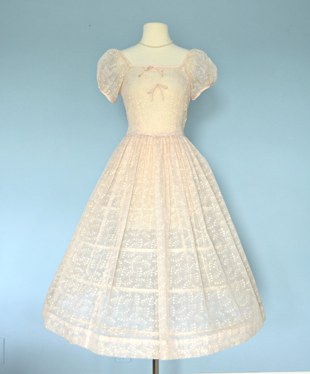 Vintage 1950s Pink Wedding Dress...TEENA PAIGE Darling Semi Sheer Blush Pink Organza Tea Length Wedding Dress Small