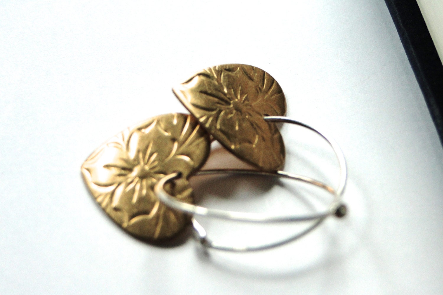 Jewelry, Brass Heart Earrings on Sterling Silver Hoops, Accessories, Valentine's Day