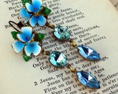 By the Pond, Blue Flowers Grow, Vintage Austrian Enamel and Vintage Rhinestone Assemblage Earrings