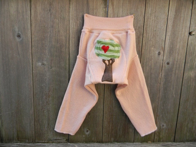 Upcycled Wool Longies Soaker Cover Diaper Cover Light Pink With "I Love Tree" Applique LARGE 12-24M Kidsgogreen