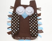 Baby Blue and Chocolate Brown Polka Dot Minky Owl Ribbon Tag Baby Blankie Blanket Lovey Lovie Gift