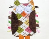 Argyle OWL Ribbon Tag Baby Blanket in Pink, Orange and Chocolate Brown Flannel with Minky Blankie Lovey Lovie Baby Gift