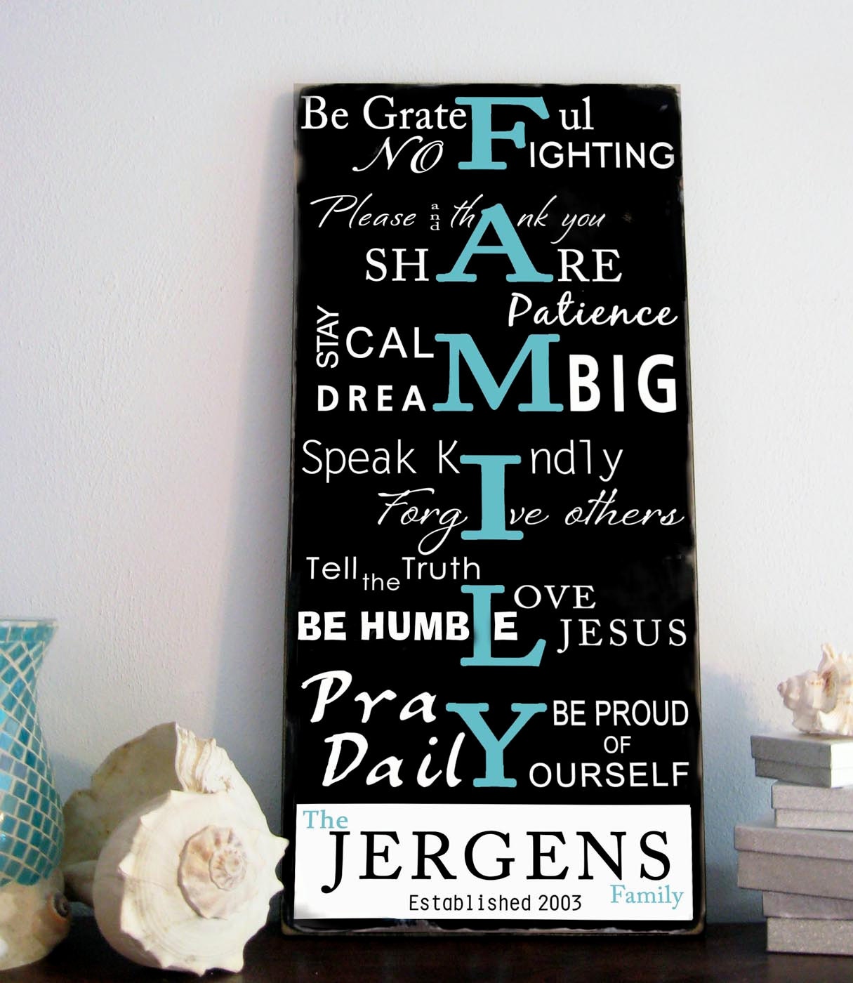 FAMILY RULES  Sign Customize with your name  - Typography Word Art Sign on wood- Distressed