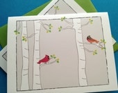 Blank Note Cards with cardinals on birch trees (set of 5) stationery