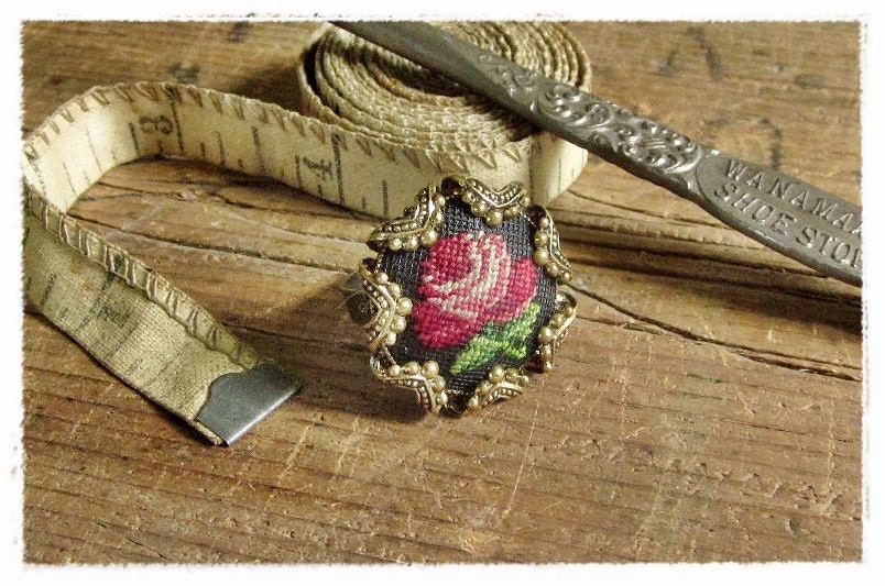 Embroidered Rose Ring, Vinage Needlepoint Jewelry, Bohemian Granny Chic Womens Jewelry, Red Floral, Eco Friendly Statement Jewelry