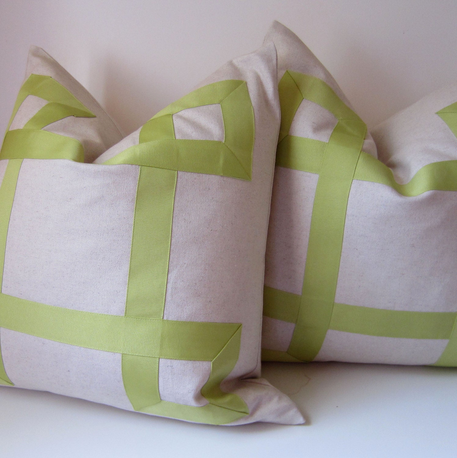 Set of Two - Natural Cotton - 20 - 22 -24 inch - Decorative Pillow Covers - Chartreuse Ribbon -  apple green - euro sham - made to order