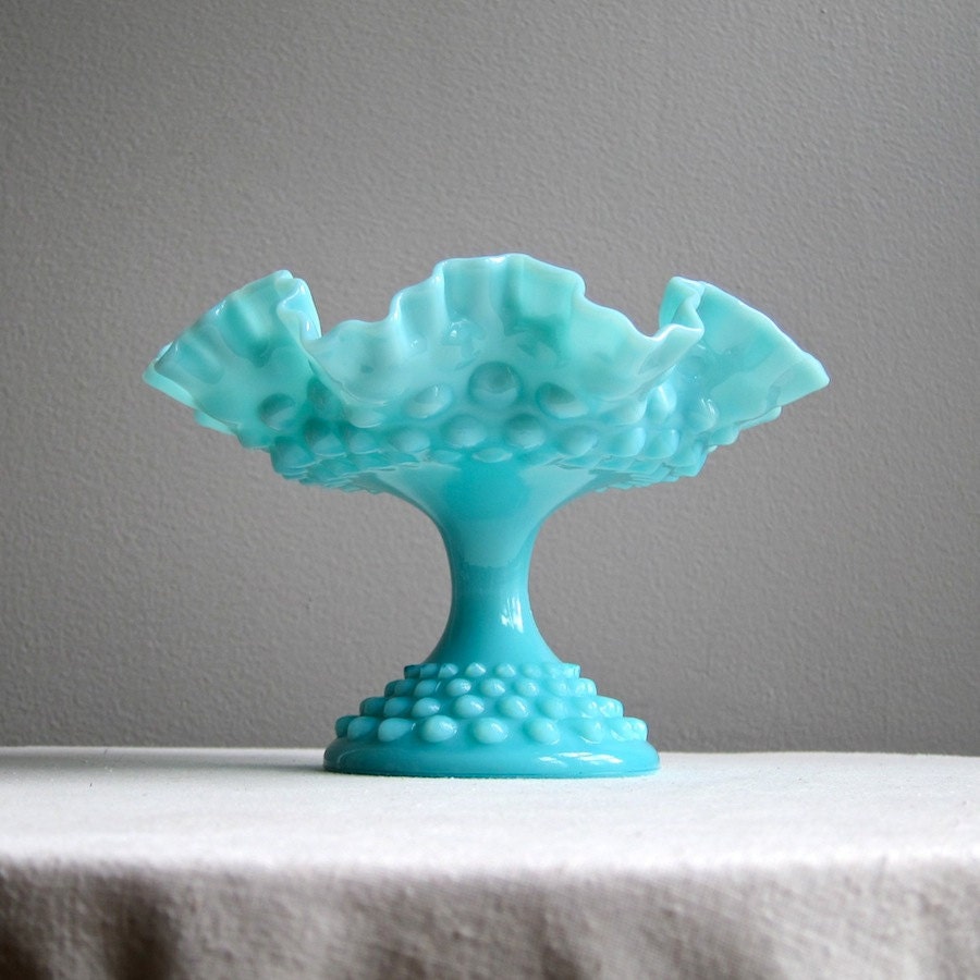 Turquoise Blue Milk Glass Footed Compote by Fenton, 1950s Footed Bowl