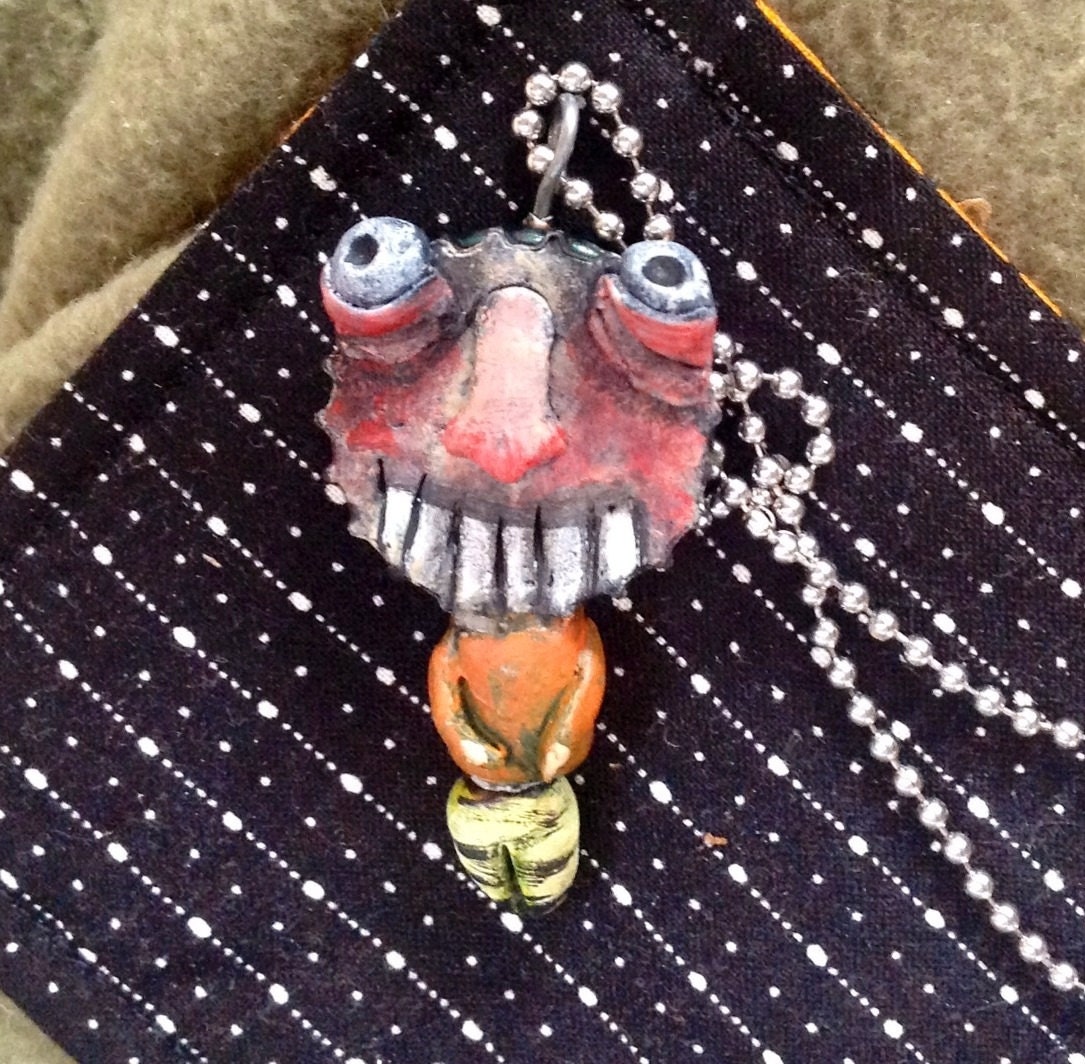 Original Folk Art Necklace Beer Buddy Humor Ugly Doll OOAK Fun Times Dos Equis Face