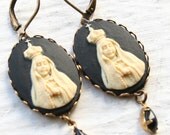 Virgin Mary Cameo Earrings with Black Drop