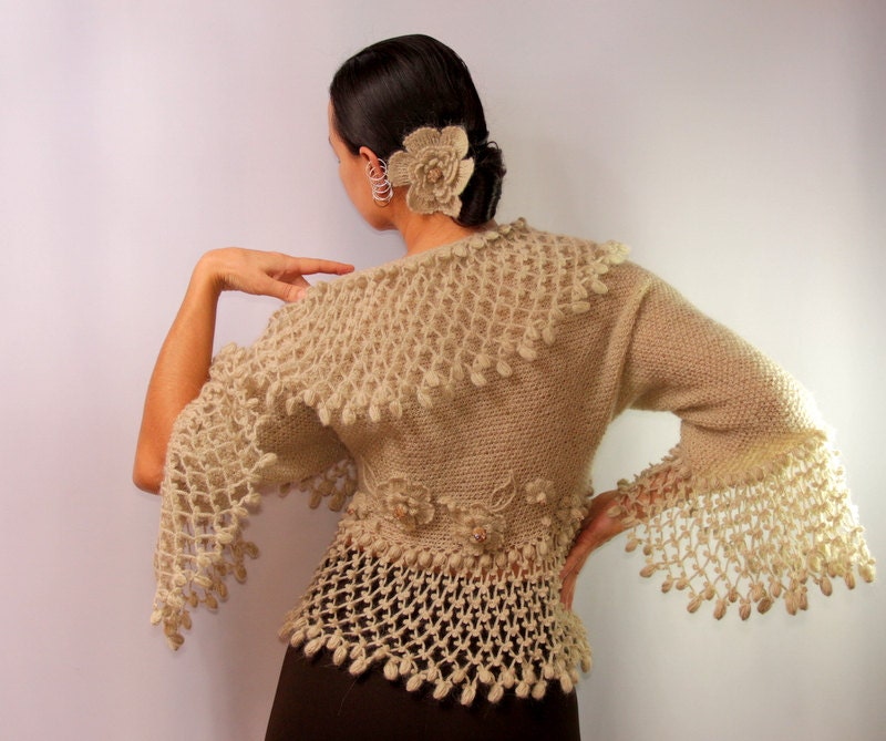 A Change Is Gonna Come / Champagne Crochet Shrug Knit Bolero Wedding Shrug Flowers-Swarovski Crystal S-M-L Bridal Shrug Bolero by Lilithist