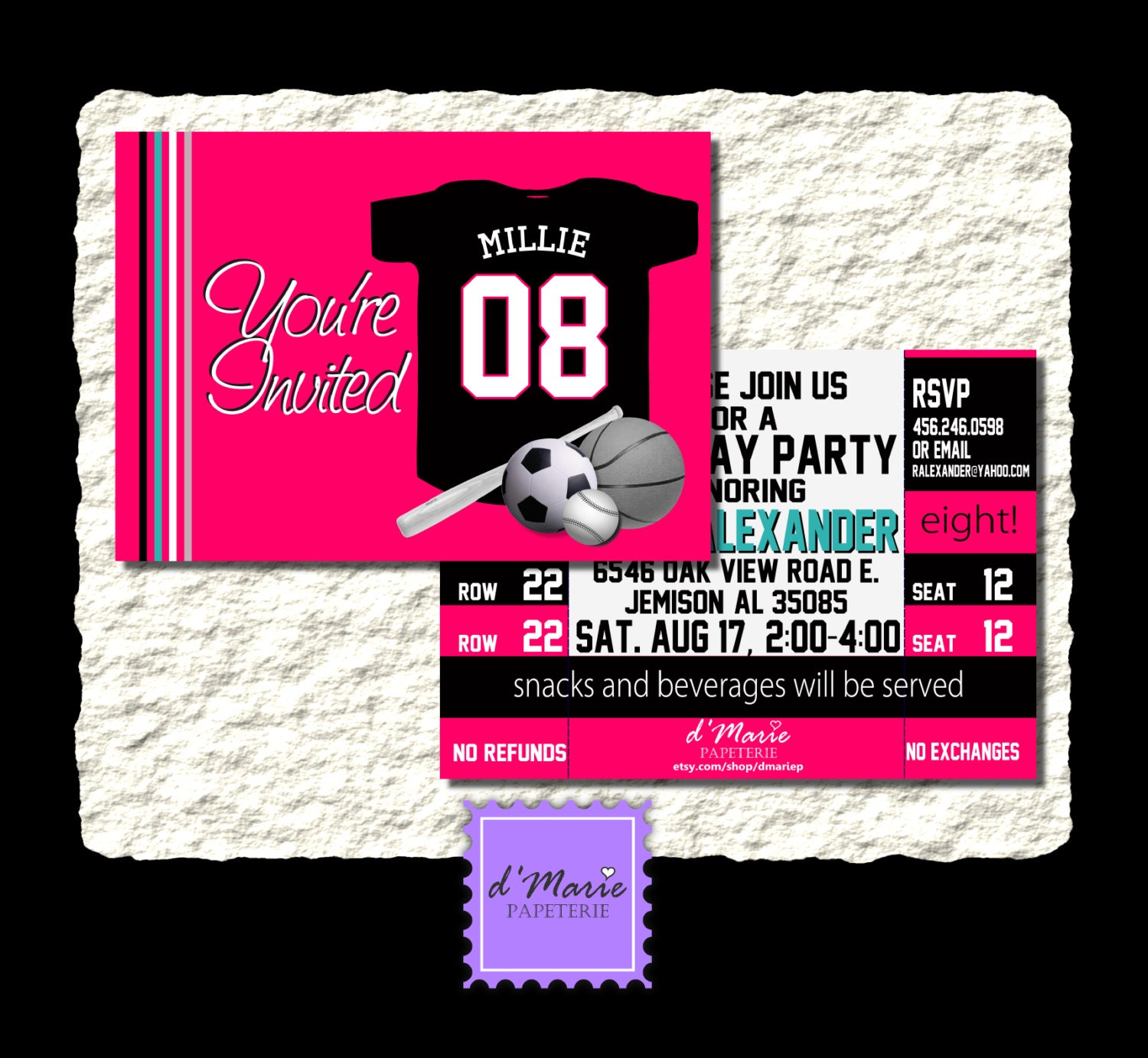 50 Printed Girly Jersey/ Ticket Custom Invitations with envelopes