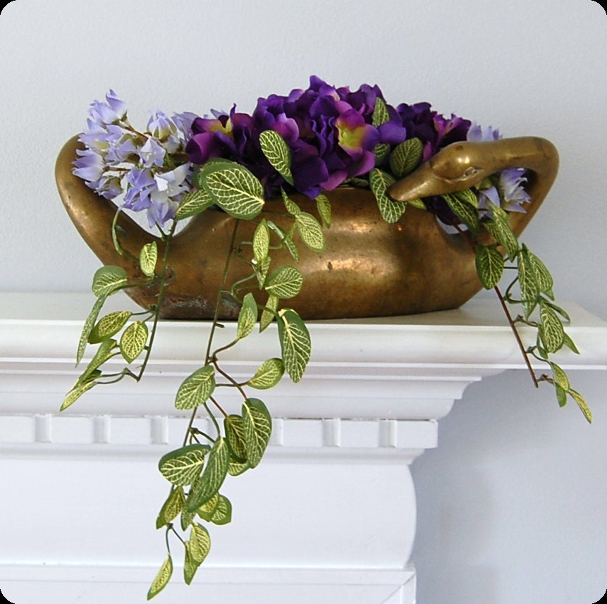 Brass Planter Two Swans Vintage Patina with Violets