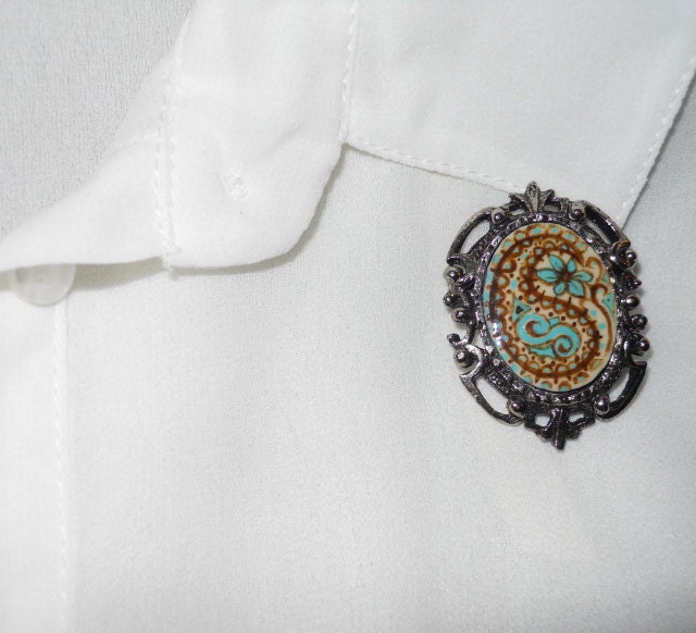 Painted Ostrich Shell Brooch