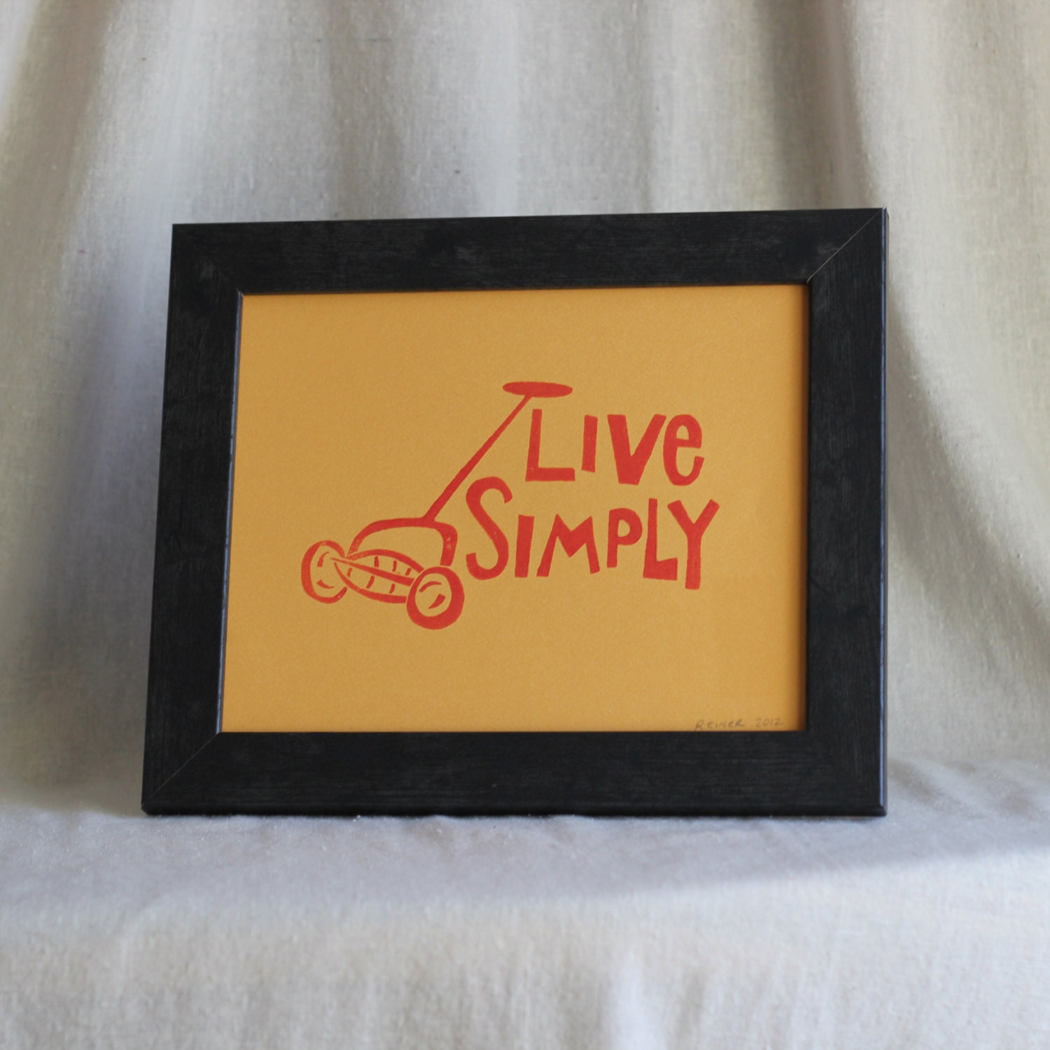 Live Simply Print, Linocut Block Print, Reel Mower, 8 x 10 Print