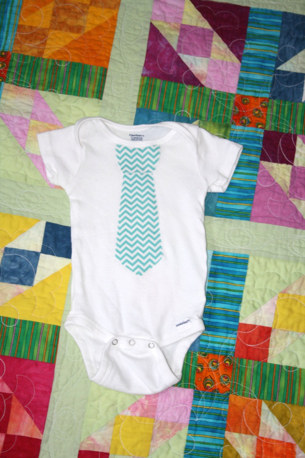 Baby Tie Onesie- Aqua Chevron