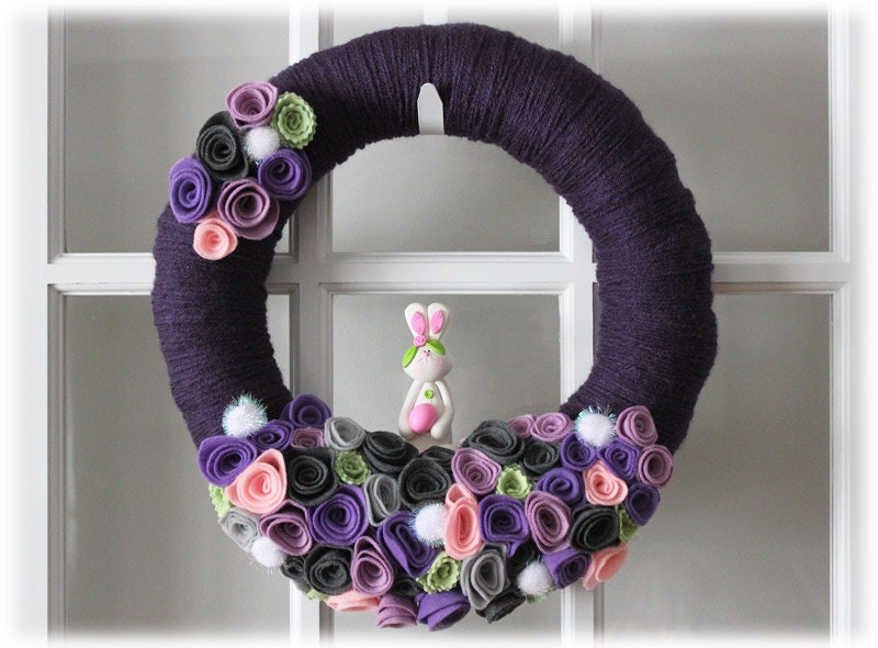 SALE Easter Wreath Bunny Rabbit Egg Purple Gray Pink Green Home Decor - Ready to Ship