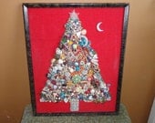 Vintage Jewelry Christmas Tree Collage with Sliver of Moon Original Frame Rhinestones Mid Century