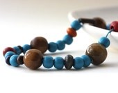 Wooden necklace - blue brown natural beaded