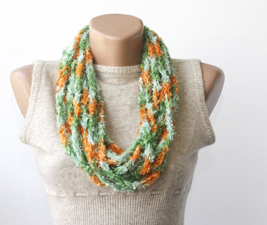 Fiber necklace - summer necklace - crochet infinity scarf -spring pastel colors mint green orange very soft vegan scarf