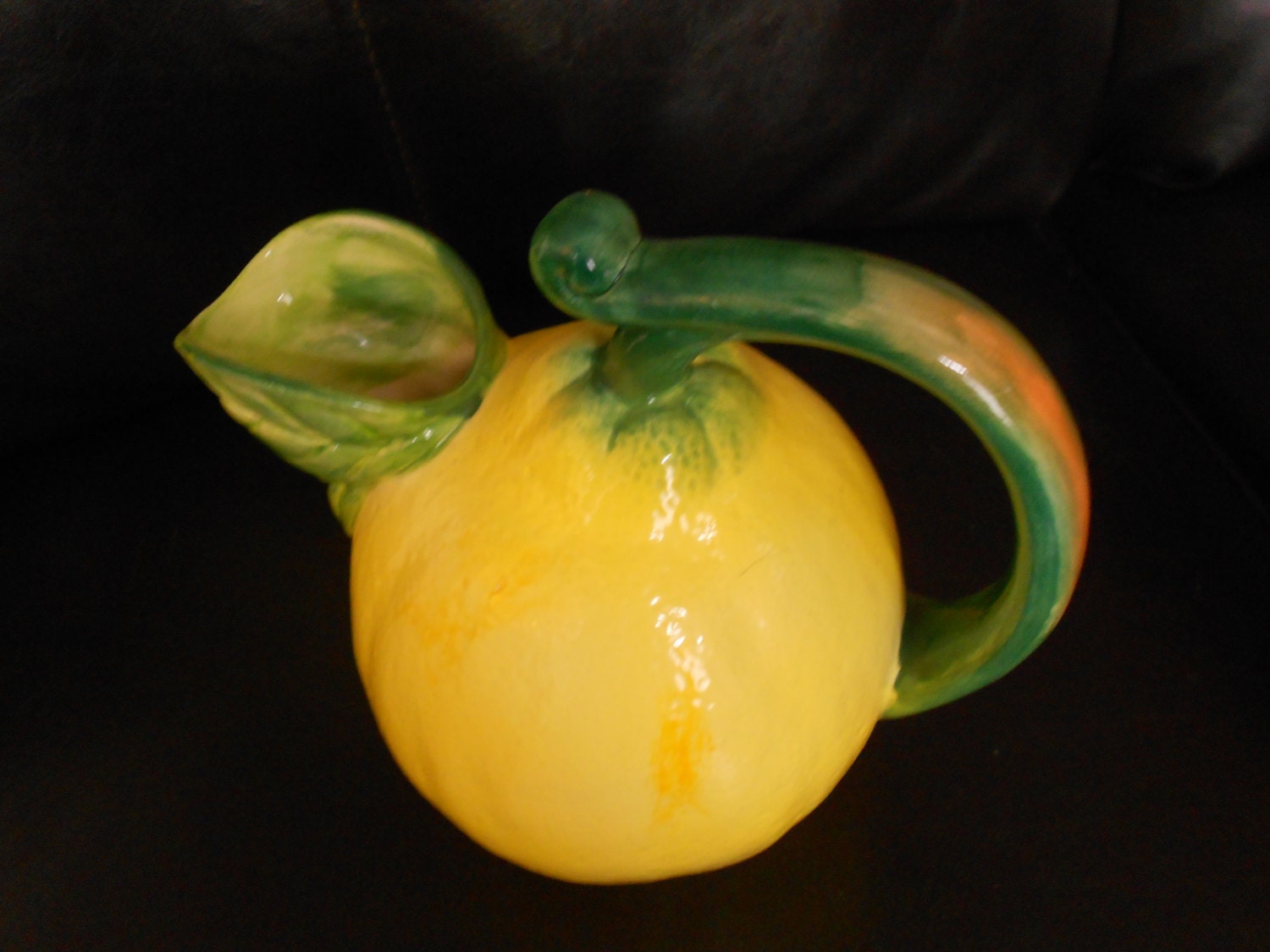Lemon Citrus Shaped Majolica Pitcher With Leaf Spout And Graceful Stem Handle "Treasury Featured"