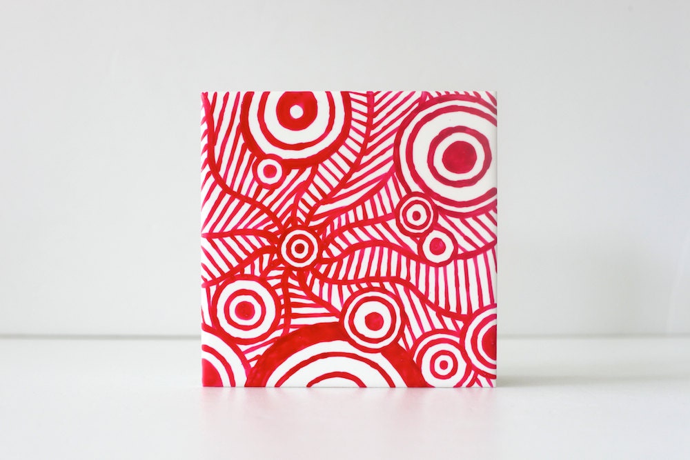 Hand Painted Art Tile . Coaster - Abstract Peacock . B70