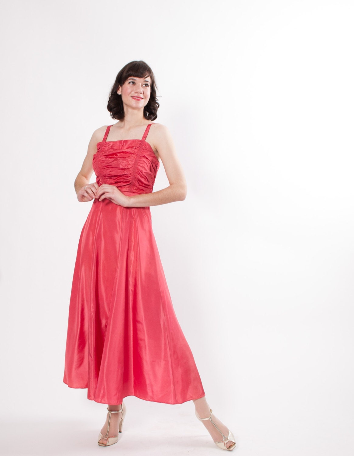 40s Dress - 1940s Party Dress - Watermelon Taffeta