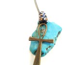 Turquoise and ankh necklace-African, tribal brass necklace
