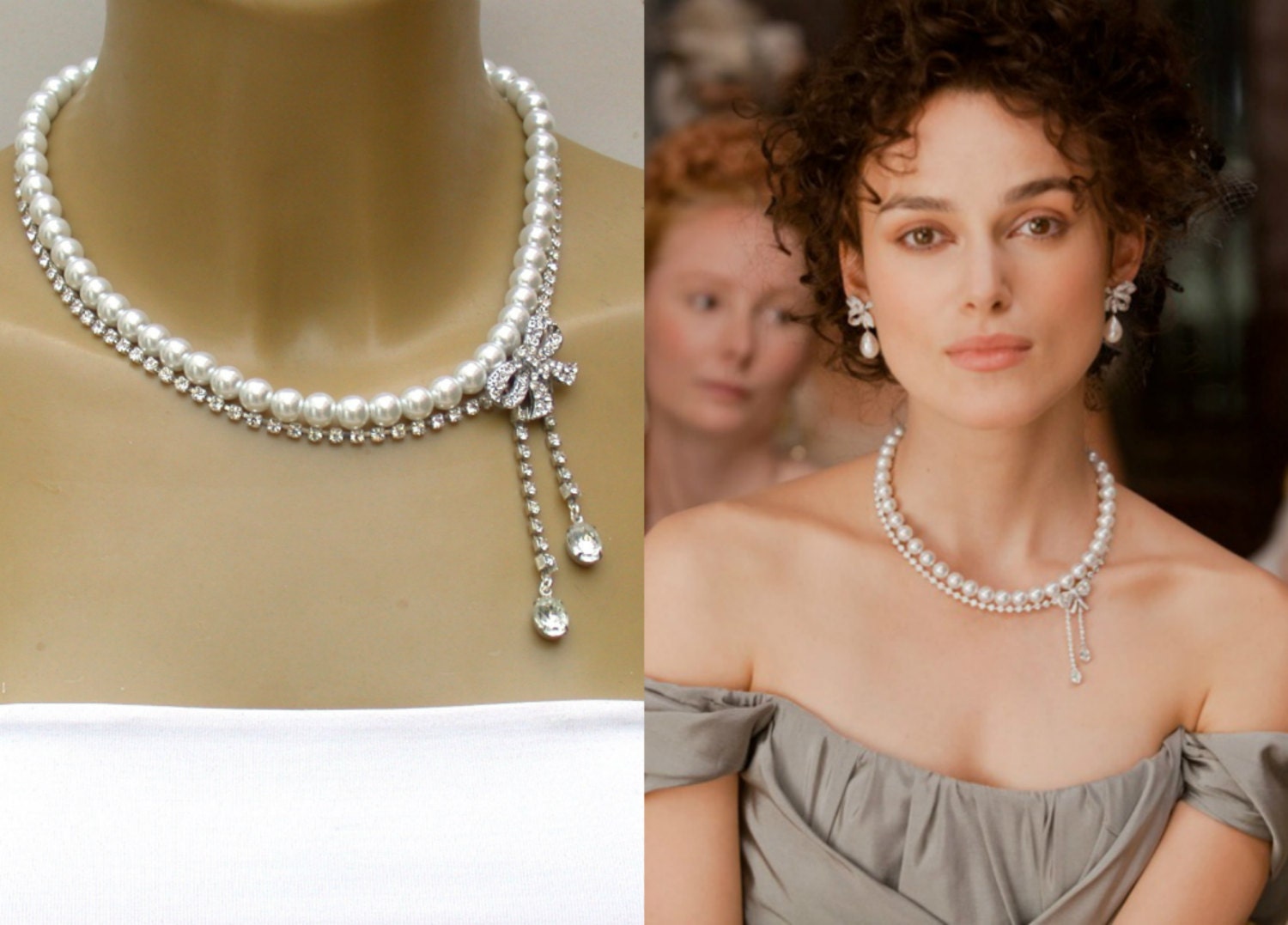 Anna Karenina -  Keira Knightley's Inspired Pearl And  Diamond Bow Necklace Perfect for Bride, Wedding , Bridesmaids And Formal
