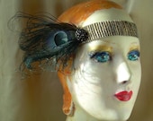 flapper headband in black and gold with bird friendly feathers and vintage style rhinestone button - made to order