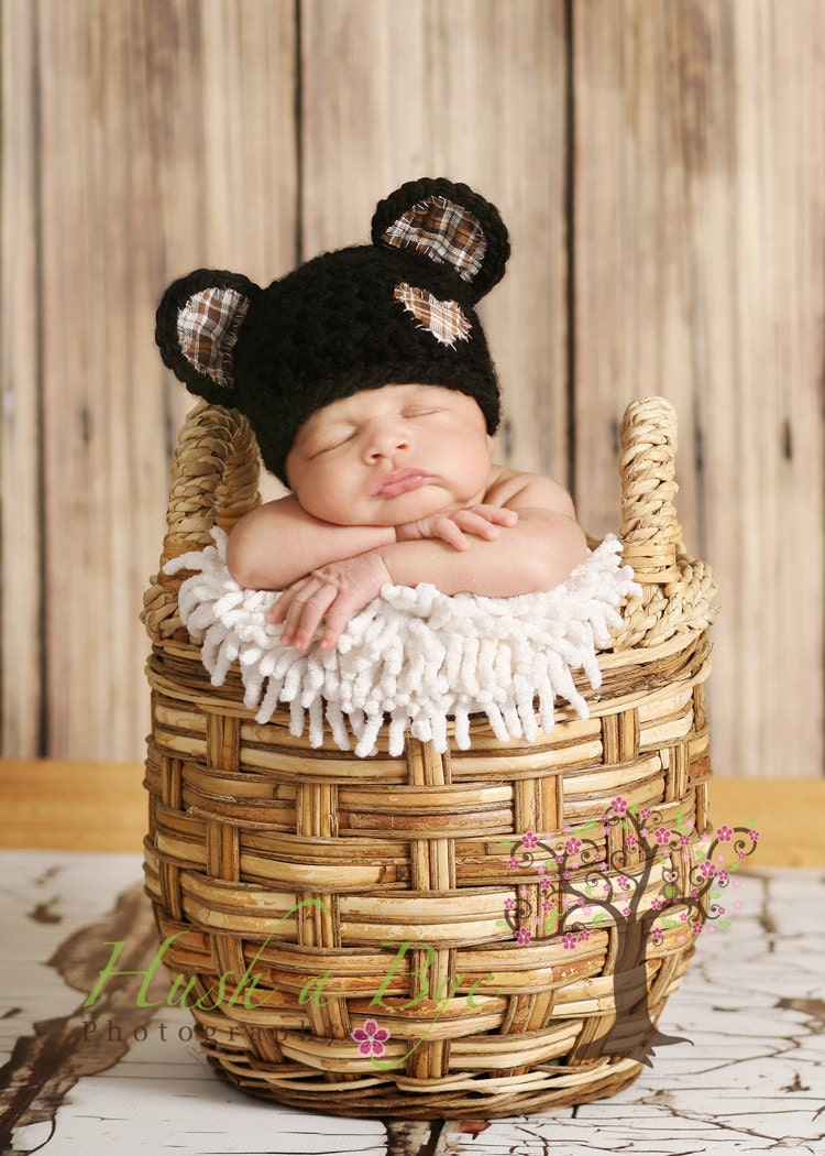 Newborn Black Bear Beanie with adorable Brown Plaid Heart Patch