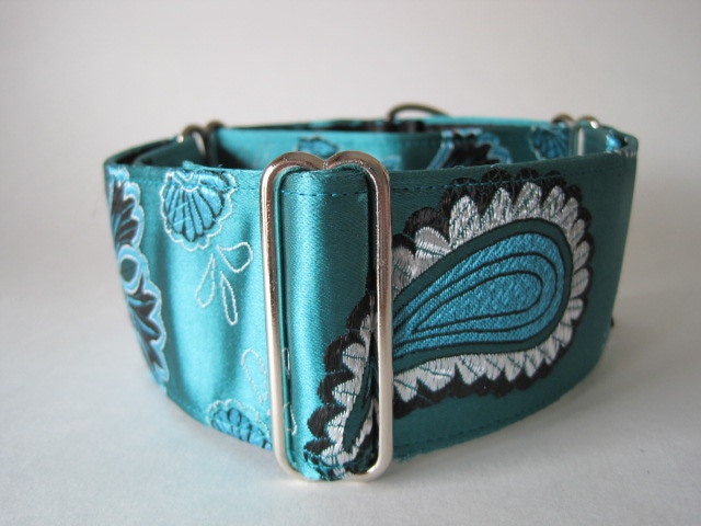 Teal Martingale Collar, Silk Martingale Collar, Paisley, Teal and Black, Brocade Dog Collar, Greyhound Martingale READY TO SHIP