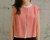 Retro Tweed Jacket / Boxy Cut Sleeveless Vest /  Red and White Vintage Jacket